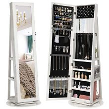 SONGMICS 360° Swivel Jewelry Cabinet, High Full Length Mirror, Lockable Jewelry Armoire, with Built-in Small Mirror, Rear Storage Shelves, Off White UJJC62WT