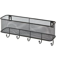Modern Black Wall Mounted 5 Key Hook Rack with Metal Wire Mesh Mail Basket