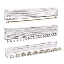 Large Wall Mounted Hanging Jewelry Organizer Set of 3, White Wall-Mounted Wood Necklace Holder with Removable Bracelet Rod and 40 Jewelry Hooks, for Necklaces Earrings and Bracelets, 16 x 2.4 x 1 inch