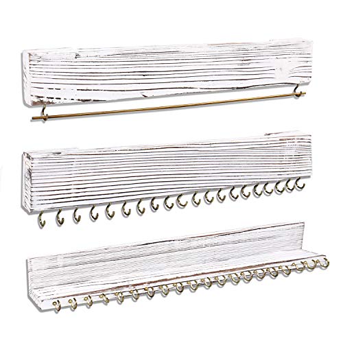 Large Wall Mounted Hanging Jewelry Organizer Set of 3, White Wall-Mounted Wood Necklace Holder with Removable Bracelet Rod and 40 Jewelry Hooks, for Necklaces Earrings and Bracelets, 16 x 2.4 x 1 inch