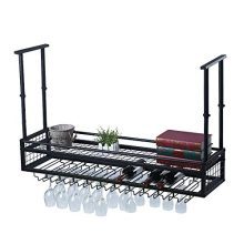 Hanging Wine Rack with Glass Holder and Shelf,Adjustable Metal Ceiling Bar Wine