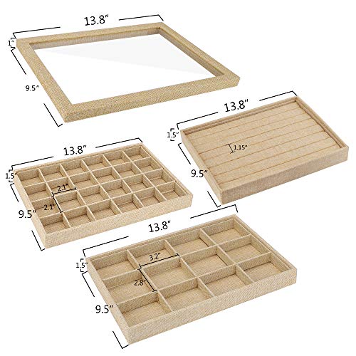 Mebbay Stackable Sackcloth Jewelry Trays Organizer Set with Clear Lid