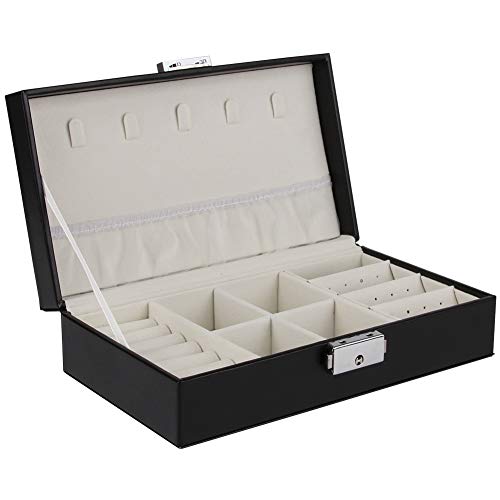 NPET JB20 Jewelry Box for Women, Jewelry Organizer with Lock for Earrings Bracelets Rings, PU Leather Jewelry Boxes Display Storage Case Jewelry Holder for Girls, Black