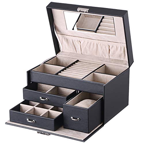 BEWISHOME 20 Section Jewelry Organizer Box with Lock Portable Jewelry Storage Case for Women Girls Earring Ring Necklace Holder Travel Case - Black Faux Leather SSH78B
