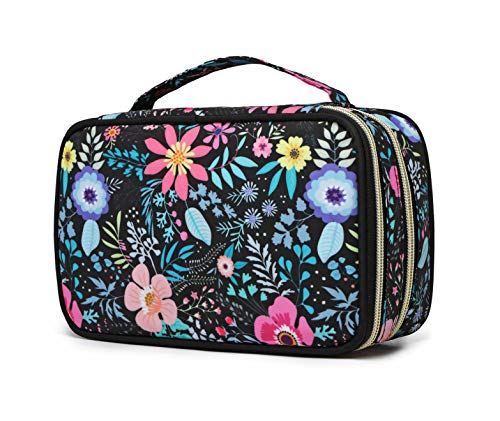 Q-smile Travel Jewelry Case Jewelry Organizer Bag Double Layer Storage Carrying Pouch Holder for Necklaces, Earrings, Bracelets, Rings, Watch and More,Compact and Portable (Balck-Flower, Medium)