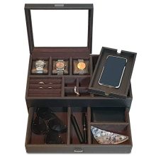 Stylish Men's Leather Watch and Jewelry Box Organizer – Large Capacity with Detachable Charging Station for Neat Bedside Organization