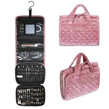 bagsmart Travel Hanging Jewelry Organizer Case Foldable Velvet Jewelry Roll with Hook for Journey-Rings, Necklaces, Bracelets, Earrings, Pink
