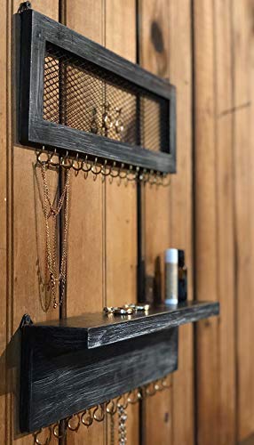 North Corner Hanging Jewelry Organizer with Shelf Two Piece Rustic Wood