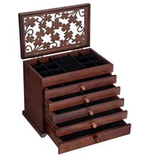 SONGMICS Large Jewelry Organizer Wooden Storage Box 6 Layers Case with 5 Drawers, Dark Brown UJOW56W