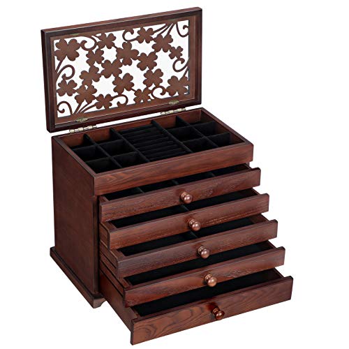 SONGMICS Large Jewelry Organizer Wooden Storage Box 6 Layers Case with 5 Drawers, Dark Brown UJOW56W
