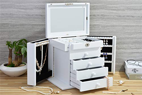 Caffny Large Wooden Women Jewelry Box, Built-in Mirror and Lock