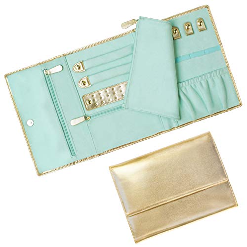 Mymazn Travel Jewelry Roll Organizer, Foldable Jewelry Bag Case Shiny Leather Jewelry Storage with Soft Suede Liner (Gold/Mint Green)
