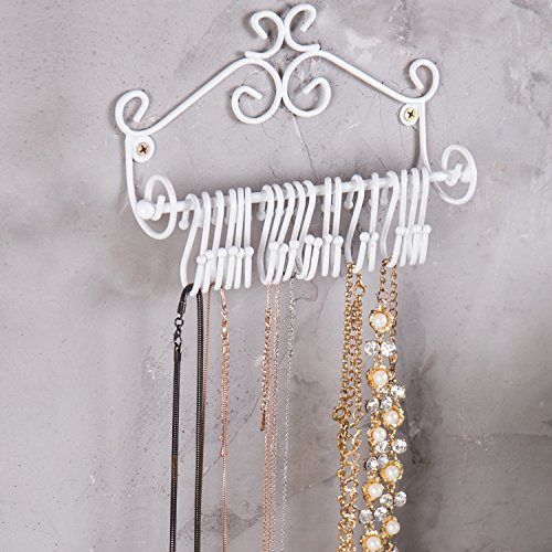 MyGift Wall-Mounted White Metal Scrollwork Design Hanging Jewelry Organizer