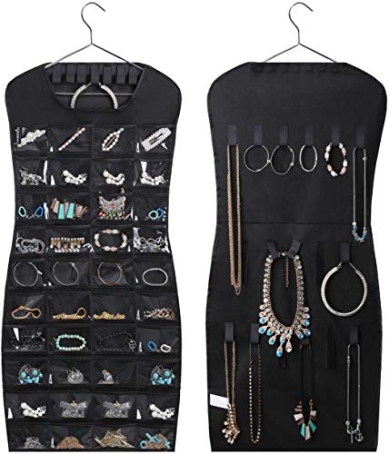MISSLO Dual Sided Hanging Jewelry Organizer with 40 Pockets and 24 Hook & Loops Closet Necklace Holder for Earring Bracelet Ring Chain with Hanger, Black