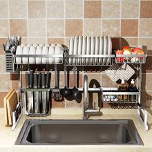 Over Sink(32") Dish Drying Rack, 2 Cutlery Holders Drainer Shelf for Kitchen Supplies
