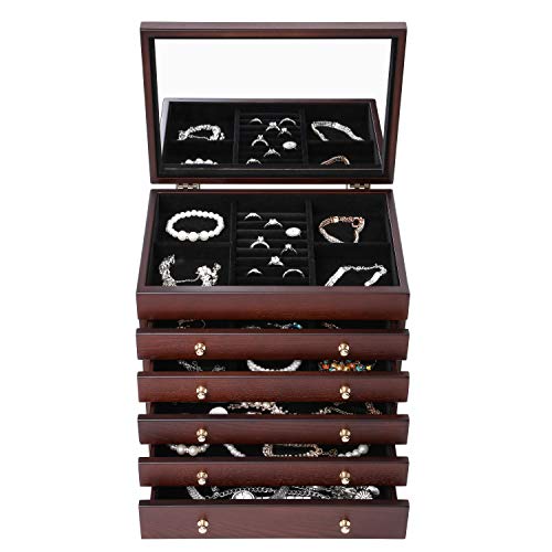 Caffny Large Wooden Jewelry Box Lady Jewelry Storage Box,Built-in Mirror