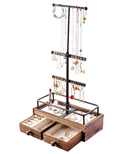 KUIENSI Jewelry Stand Organizer, 3 Tier Jewelry Tree Stand, Necklace Organizer Display Bracelet with Adjustable Height, for Necklaces Bracelet Earrings and Ring (Carbonized Black)
