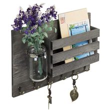 MyGift Vintage Grey Wood Wall Mounted Mail Holder with 6 Key Hooks & Mason