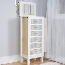 Elegant Ava Jewelry Armoire with Mirror, 6 Drawers, 16 Necklace Hooks – White Finish