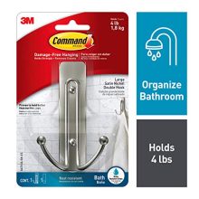 Command BATH36-SN-ES 795092711674 Double Bath, Satin Nickel, 1-Hook, 1-Large Water-Resistant Strip, 1-Pack, Silver