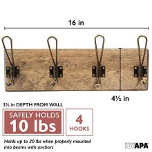 Wall Mounted Coat Rack - Rustic Wooden 4 Hook Coat Hanger Rail