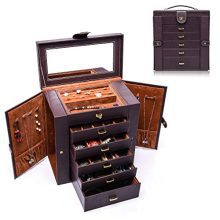 Uptizer Large Jewelry Box, Functional 6-Layer Leather Jewelry Organizer/Storage/Case with Removable Drawers for Women or Girls (Brown)