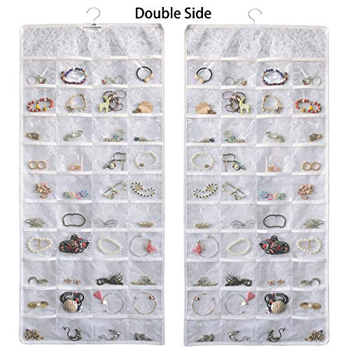 BB Brotrade Hanging Jewelry Organizer,Double Sided Jewelry Storage Organizer with Embossed Pattern,80 Clear PVC Pockets Organizer for Holding Jewelries (White)