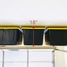 A sturdy overhead garage storage rack with multiple totes securely stored on adjustable powder-coated steel rails, maximizing unused ceiling space.