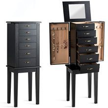 CHARMAID Standing Jewelry Cabinet Armoire Chest with Top Flip Mirror and 5 Drawers, 2 Side Swing Doors, 8 Necklace Hooks, Standing Jewelry Armoire Organizer with Dividers (Black)