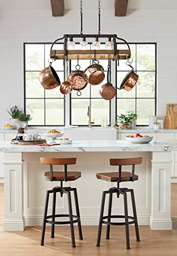 Eldrige Rustic Bronze Pot Rack Chandelier – 4-Light Kitchen Island Fixture with Hooks & Seeded Glass