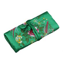SeeRaphee Silk Embroidery Brocade Jewelry Travel roll Jewelry Organizer (Black Green)