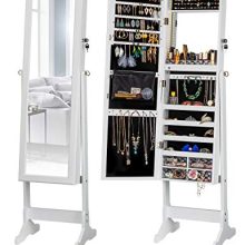 LUXFURNI LED Light Jewelry Cabinet Standing Mirror Makeup Lockable Armoire