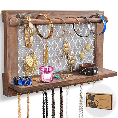 ASHLEYRIVER Wall Mounted Rustic Wood Jewelry Organizer Holder with Hooks Shelf for Hanging Earrings Necklaces Bracelets Other Accessories-Rustic