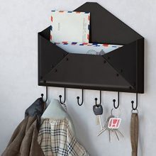 WALLNITURE Foyer Wall Mount Letter Mail Key Newspaper Magazine Holder Coat Rack Envelope Shape Steel Entryway Organizer with 6 Hooks Black