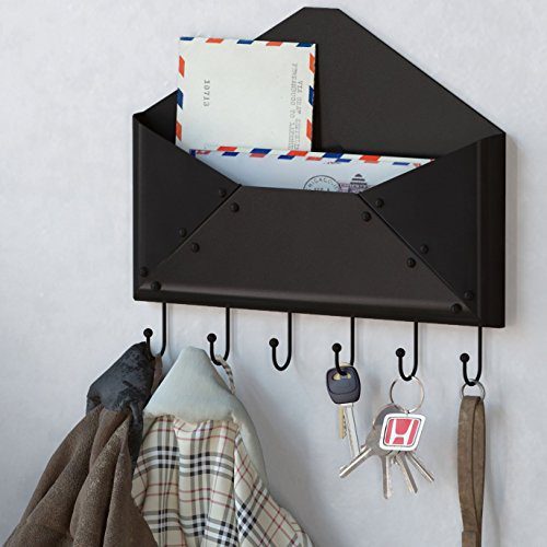 WALLNITURE Foyer Wall Mount Letter Mail Key Newspaper Magazine Holder Coat Rack Envelope Shape Steel Entryway Organizer with 6 Hooks Black