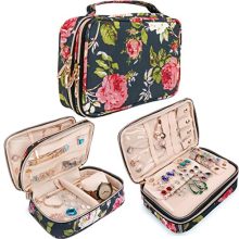 Travel Jewelry Organizer Case Storage Bag Holder for Earrings,Necklace,Rings,Watch and More Essentials,Roomy and Portable (Red-Flower)