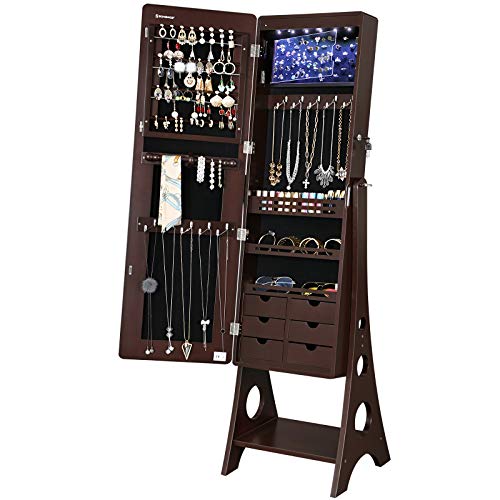 SONGMICS Jewelry Cabinet Armoire with Adjustable Light Ribbon on Beveled Edge