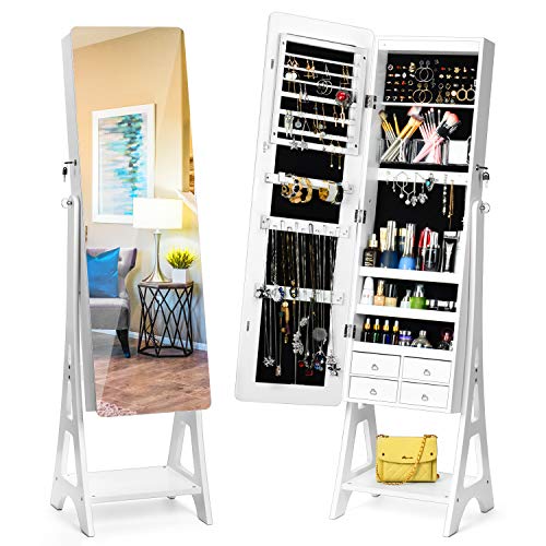 TWING Jewelry Cabinet Armoire Free Standing Jewelry Armoire with Full Mirror