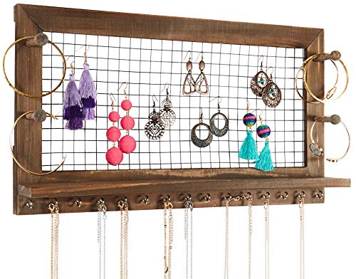 SoCal Buttercup Rustic Jewelry Organizer Wall Mount with Bracelet Pegs - Necklace Holder Earring Hanger - Hanging Mounted Wooden Shelf to Display Earrings, Necklaces and Accessories from