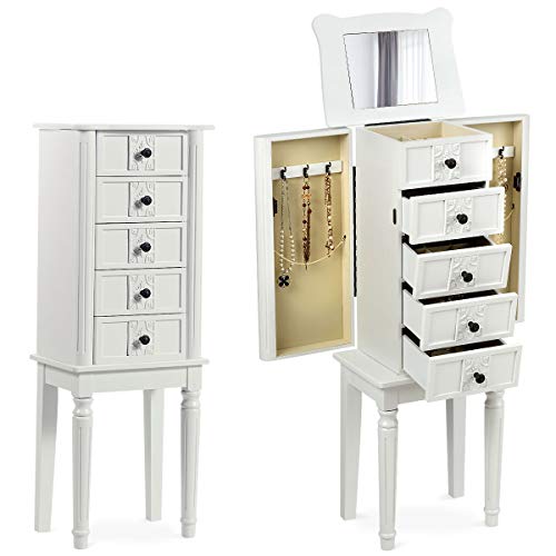 CHARMAID Standing Jewelry Cabinet Armoire with Top Flip Makeup Mirror