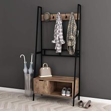 NA Nutmeg Brown Finish Black Frame Entryway Hall Tree Coat Hanger Shoe Rack