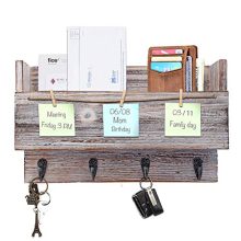 Kakivan Rustic Wood Wall 4 Key Holder Hooks Memo Clips, Entryway Organizer