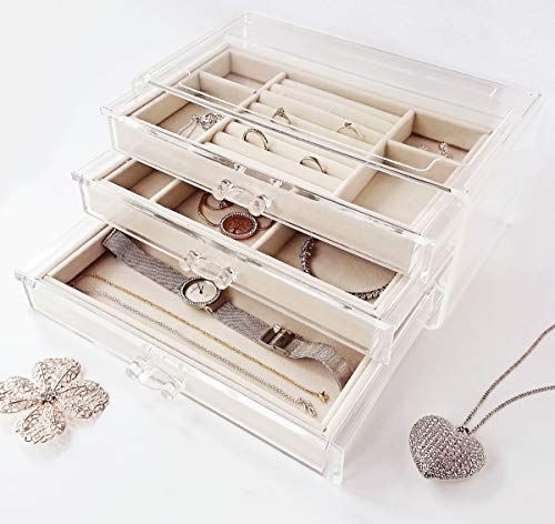 HerFav Jewelry Box for Women with 3 Drawers, Velvet Jewelry Organizer