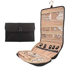 Travel Jewelry Organizer Roll with Zipper Pockets Hanging Jewellery Roll Bag Case for Rings, Earrings, Necklaces, Bracelets, Brooches, Waterpoof Bag with Separate Compartments