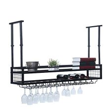 Hanging Wine Rack with Glass Holder and Shelf,Adjustable Metal Ceiling Bar Wine