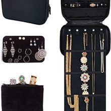 Pink Larus Jewelry Organizer. Tangle-Free Necklace with Roll Out Mat, Earring Card for Studs, Drop and Hoops, and Ring Organizer. Black Compact Case Fits Perfectly in a Carry On!