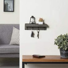 MyGift Vintage Grey Wood Wall Mounted Entryway Shelf with 4 Antique Metal