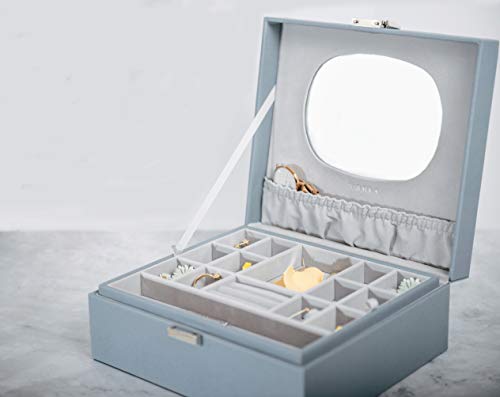 X•Rhea Jewelry Box, Two Layers 32 compartments Jewelry Organizer for Earrings Ring Necklace Bracelets Storage, Christmas Birthday Gift for Women Girls-Blue