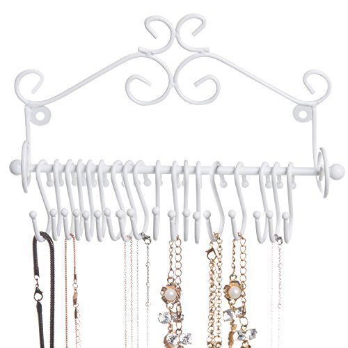 MyGift Wall-Mounted White Metal Scrollwork Design Hanging Jewelry Organizer