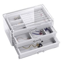 UEK Jewelry Box 3 Drawers Acrylic Jewelry Organizer, Velvet Jewellery Organizer Small Clear Jewelry Case, Earring Rings Bangle Bracelet Necklace Storage for Women, Girls